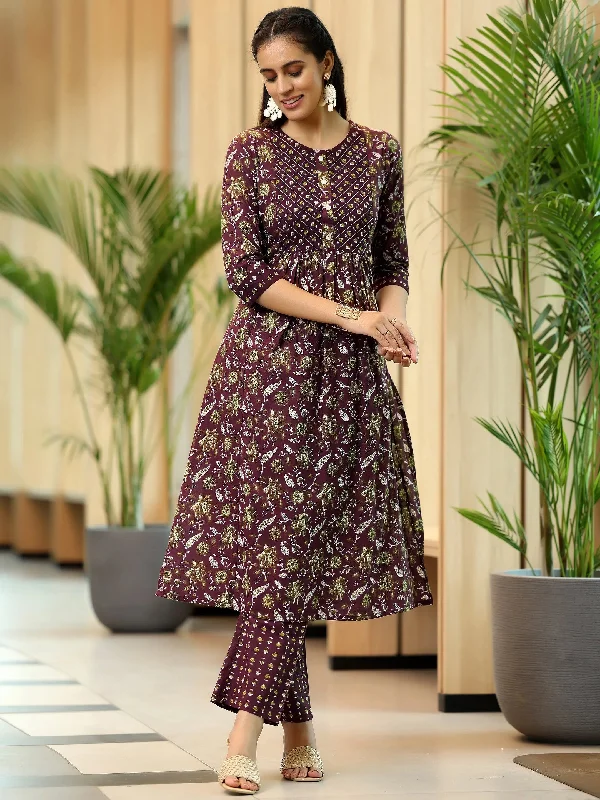 Women's Jumpsuits with ZipperBrown Printed Cotton A-Line Kurta With Trousers