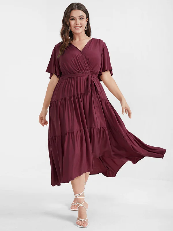 Women's Off-Shoulder DressesSolid Button Pocket Belted Ruffles Wrap Midi Dress