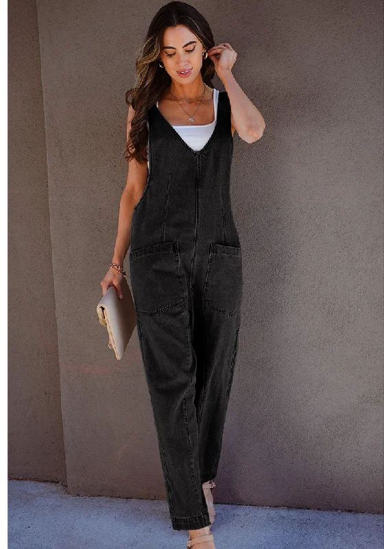 Women's Jumpsuits with Wide LegWashed Black Women's Casual Denim Low Scoop Neckline Jumpsuits With Adjustable Shoulder Pocket Cropped Overalls