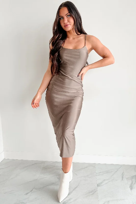 Women's High-Neck DressesAlmost Everyday Glossy Midi Dress (Taupe)