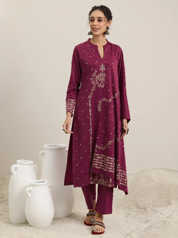 Women's Jumpsuits with Cropped LengthPink Woven Design Wool Blend Straight Suit With Dupatta