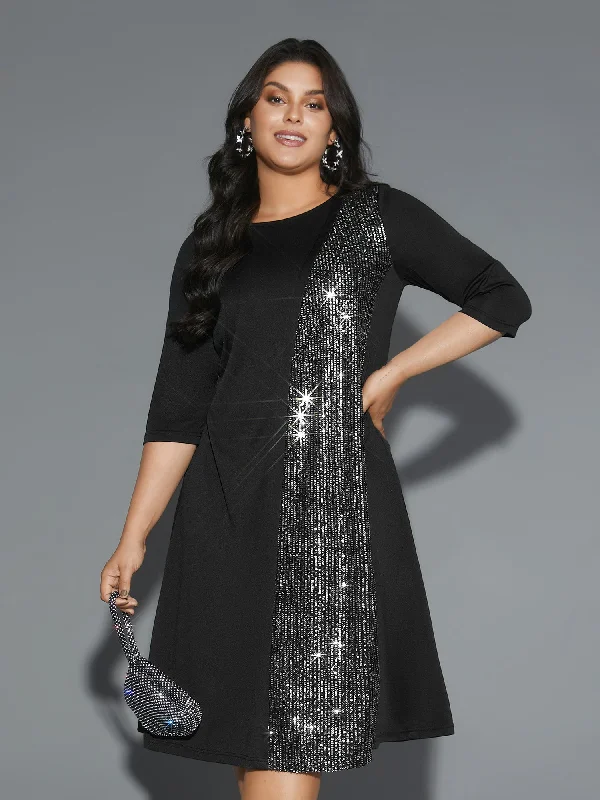 Women's V-Shaped Collar DressesRound Neck Sequin Patchwork Midi Dress