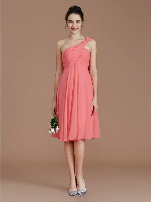 Women's U-Shaped Collar DressesA-Line/Princess One-Shoulder Sleeveless Ruched Short/Mini Chiffon Bridesmaid Dresses