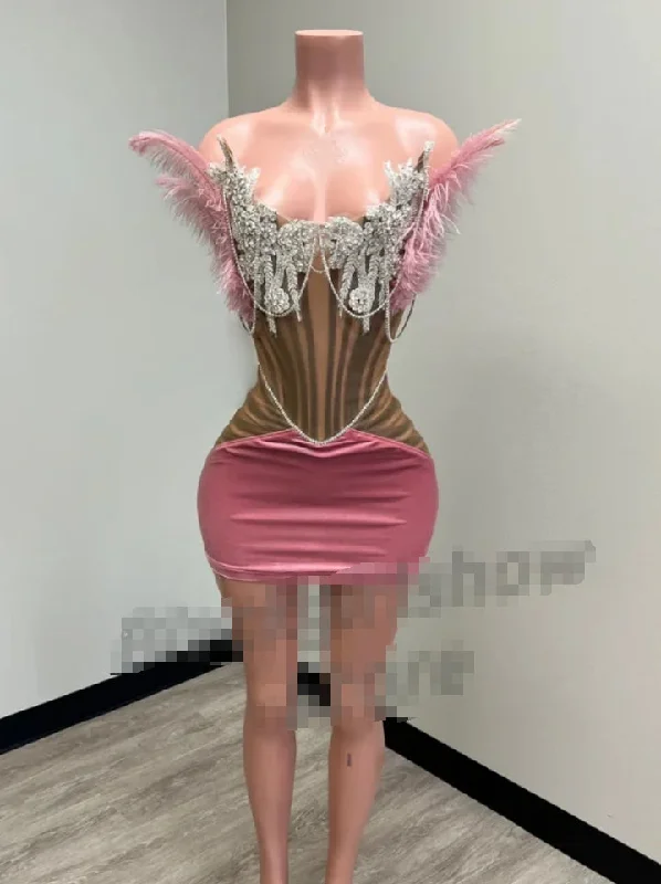 Women's Maxi DressesLuxury Peach Pink Short Cocktail Party Dress 2024 Sexy Bustier Diamante Beaded Feather Mini Dress فساتين للمناسبات الرسمية