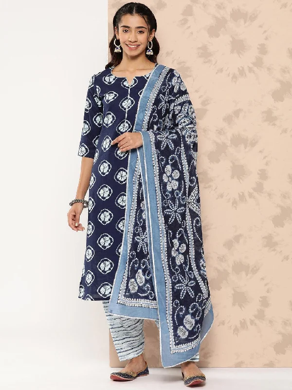 Women's Jumpsuits with Square CollarBlue Printed Cotton Straight Kurta With Salwar & Dupatta