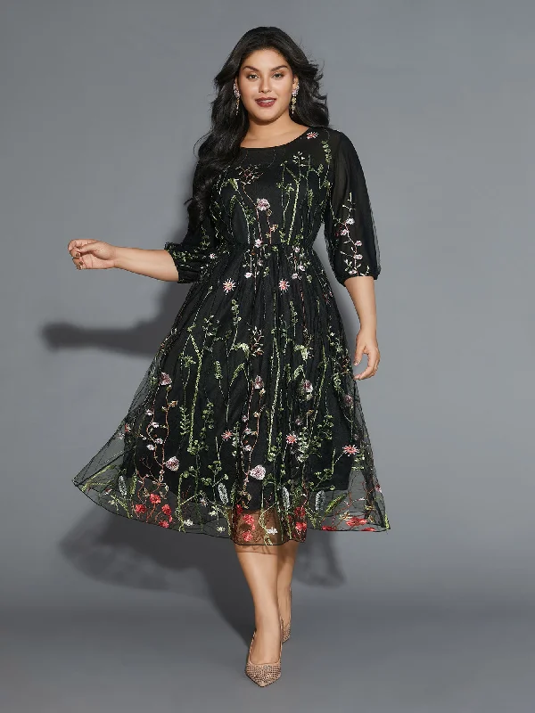 Women's Wide Collar DressesFloral Embroidered Elastic Waist Lined Midi Dress