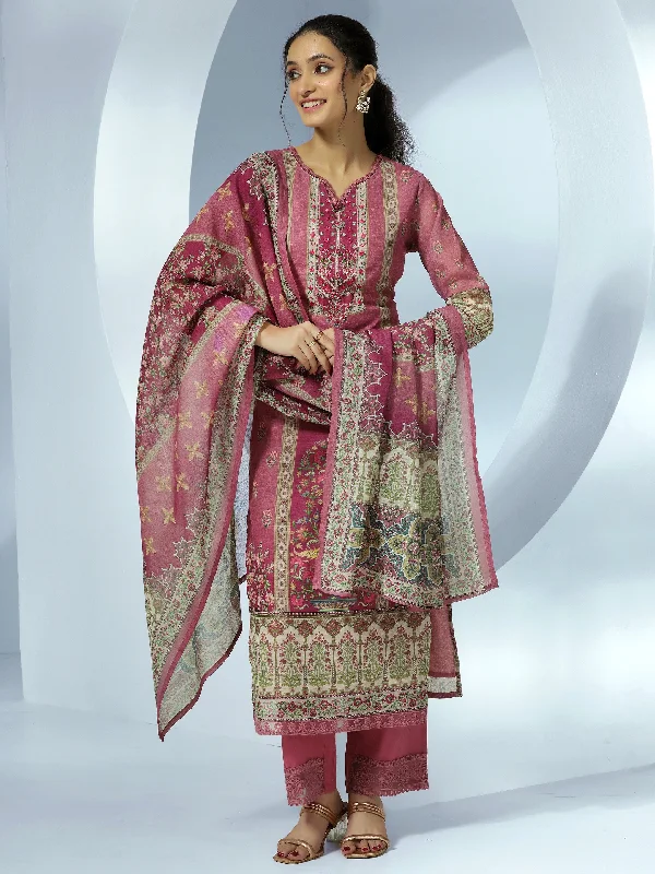 Women's Jumpsuits with Notched CollarMauve Printed Linen Straight Suit With Dupatta