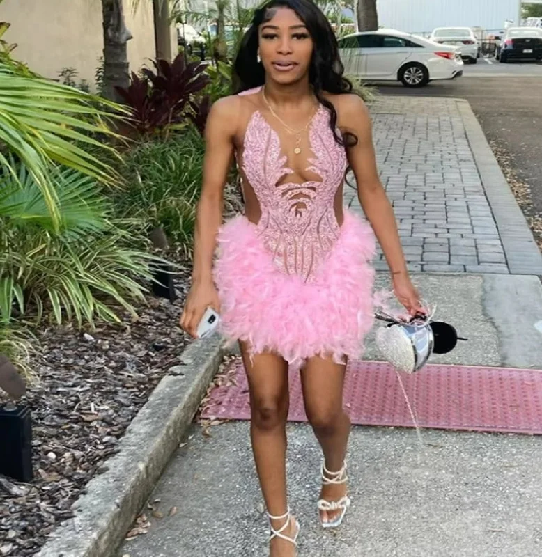 Women's Square-Back DressesUnique Pink Feather Prom Dress 2024 For Black Girls Elegant Luxury Sheath Mini Short Cocktail Party Wear Birthday Baddie Evening