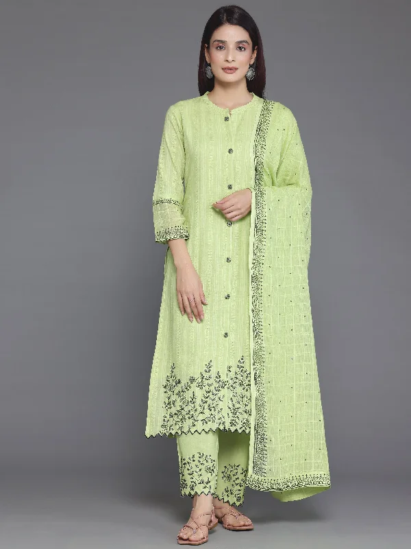 Women's Jumpsuits with Shirt CollarGreen Woven Design Cotton Straight Suit With Dupatta