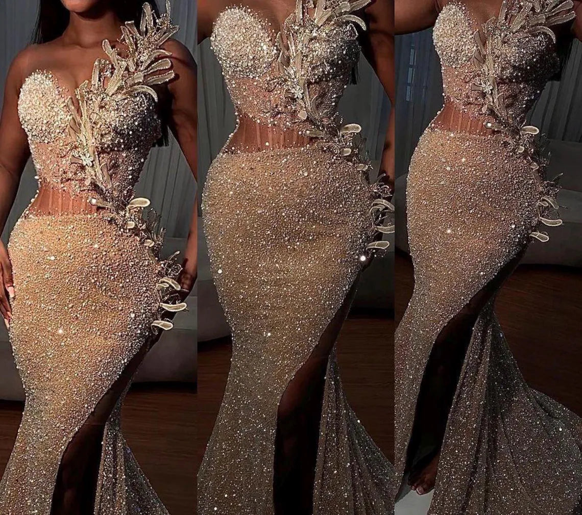 Women's Collarless DressesGold lace dress, Corset dress, Prom dress, Pageant dress Homecoming dress, Wedding reception gown, Birthday gown, Party Aline gown with slit