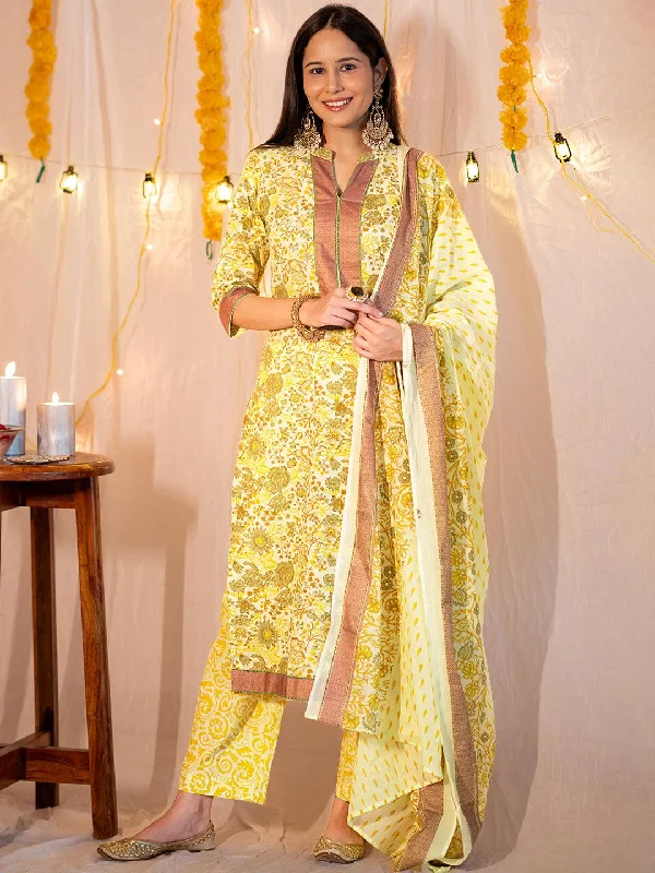 Women's Jumpsuits with Square CollarYellow Printed Cotton Straight Suit With Dupatta