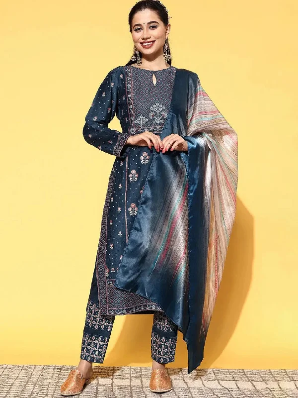 Women's Jumpsuits with Skinny LegBlue Printed Silk Blend Straight Kurta With Dupatta