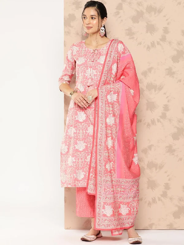 Women's Jumpsuits with Low WaistPeach Printed Silk Blend Straight Kurta With Trousers and Dupatta