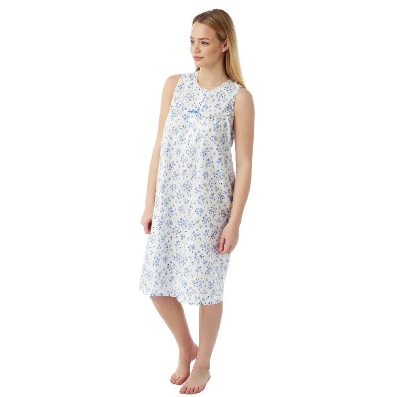 women's pajamas for yoga and meditationPoly-Cotton Sleeveless Floral Print Nightdress - Blue - 24/26