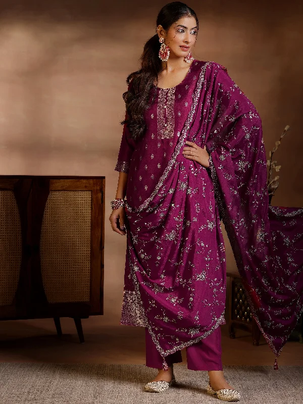 Women's Sleeveless JumpsuitsBurgundy Woven Design Silk Blend Straight Suit With Dupatta