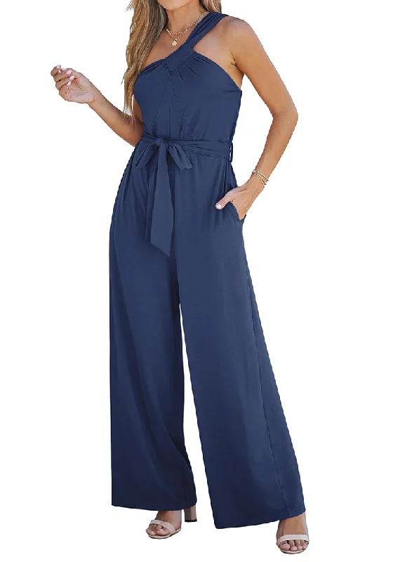 Women's Jumpsuits with Shawl CollarDark Blue Comfy Sleeveless Belted Jumpsuits & Long Rompers for Women