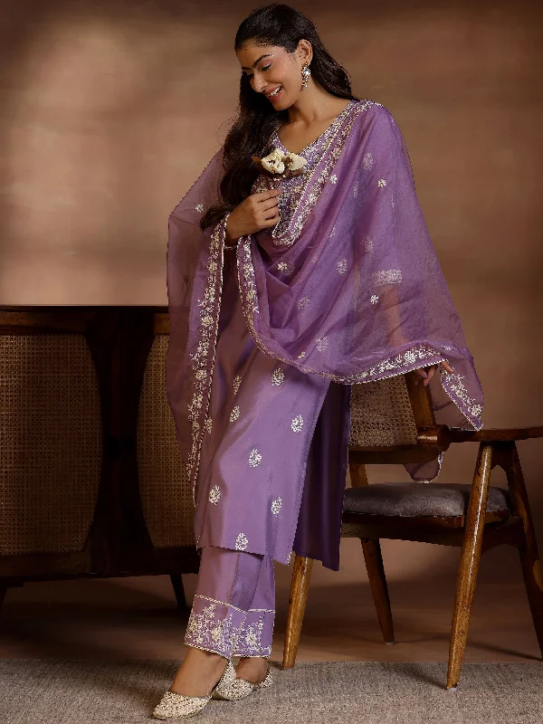 Women's Jumpsuits with U-Shaped NeckMauve Embroidered Silk Blend Straight Suit With Dupatta