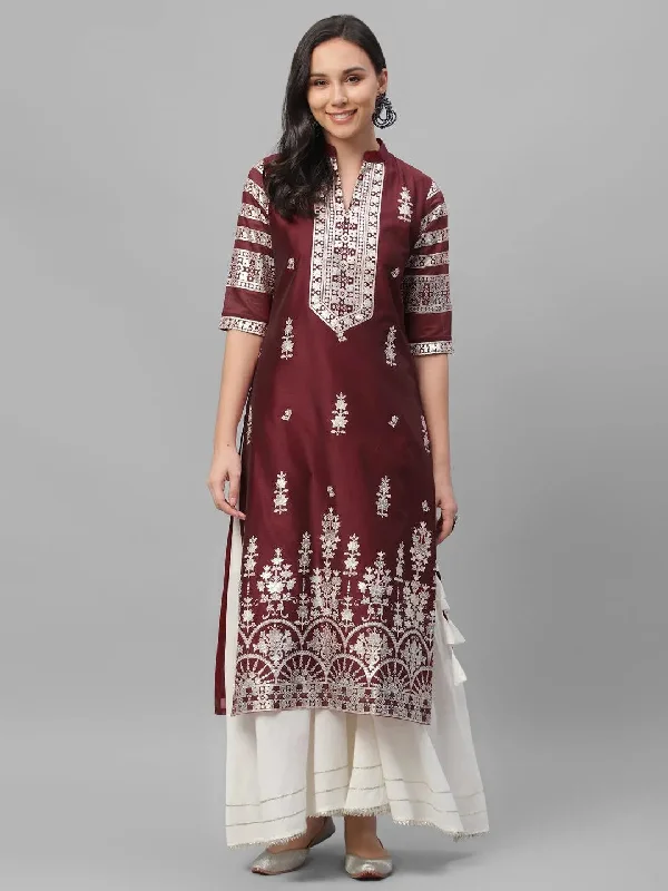 Women's Jumpsuits with Rounded CollarMaroon Printed Shantoon Kurta