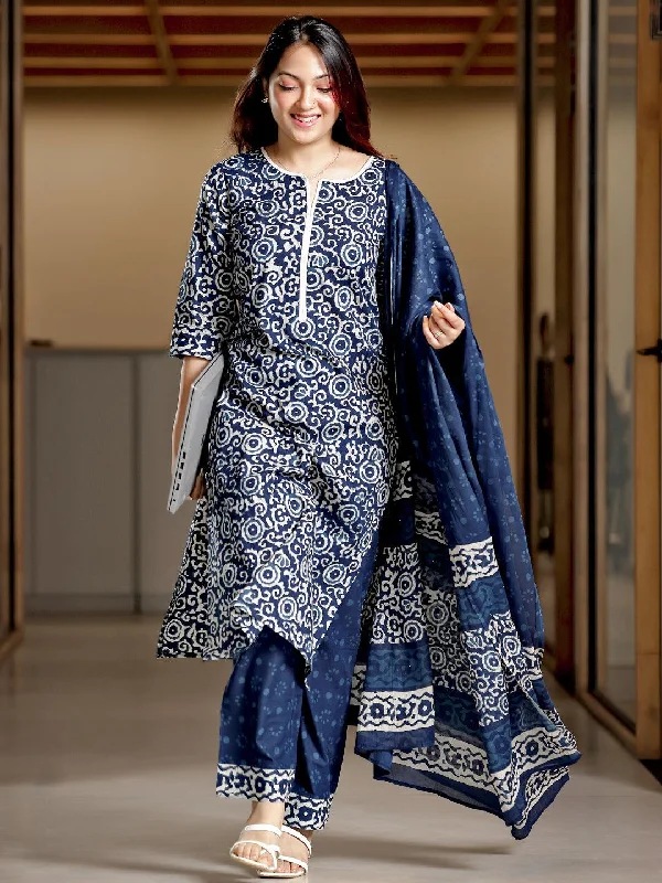 Women's Jumpsuits with Mid-LengthBlue Printed Cotton Straight Suit With Dupatta