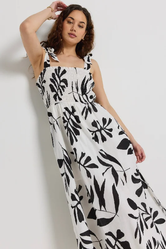  Women's A-Line DressesCapricorn Ivory Leaf Print Tie Strap Shirred Midi Dress