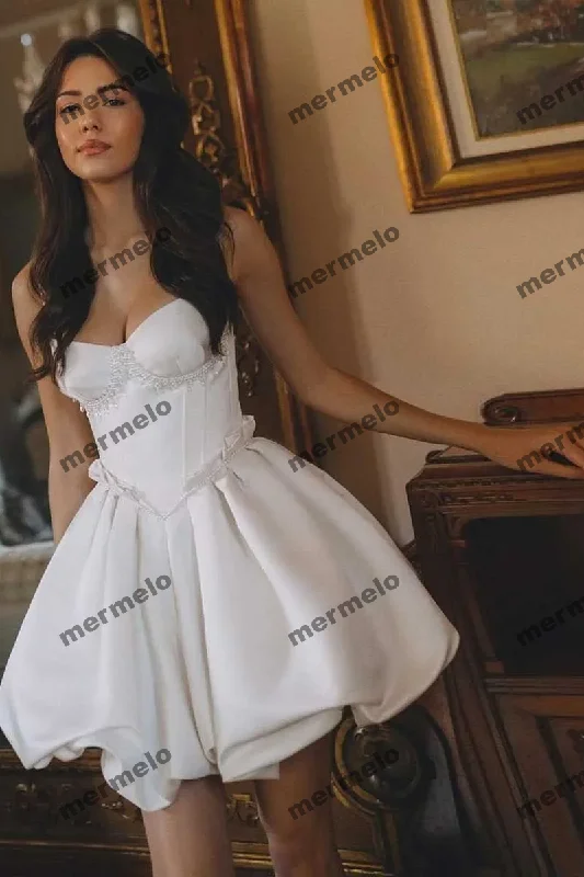 Women's Square Collar DressesCute White Short Bridal Dress with Pearls Bubble Skirt A Line Short Party Dresses Sweetheart Mini Length Wedding Bride Dress