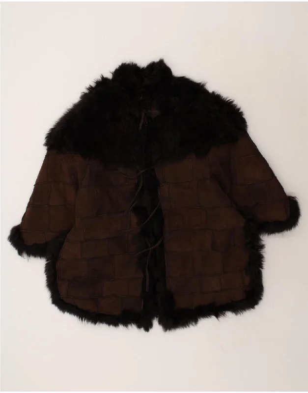 Women's Parka CoatsVINTAGE Womens Shearling Poncho Coat IT 42/44 Medium Brown Check Leather