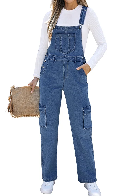 Women's Jumpsuits with Notched CollarClassic Blue Women's Casual Adjustable Strap Wide Leg Jumpsuit with Pocket Jeans Trouser