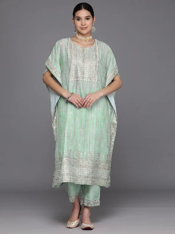 Women's Jumpsuits with Wide CollarGreen Printed Silk Blend Kaftan Kaftan With Trousers