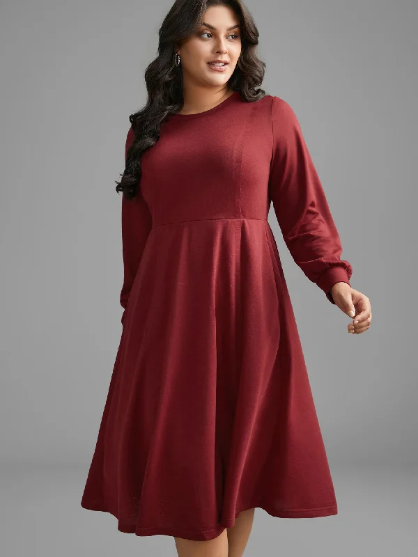 Women's Mandarin Collar DressesSolid Round Neck Midi Knit Dress