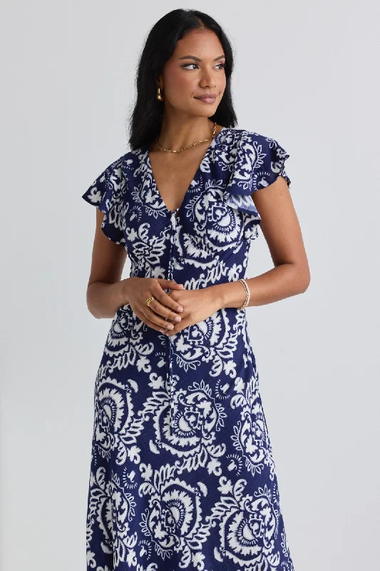 Women's Collarless DressesOvation Navy Tile Print Flutter Ss Keyhole Tie Midi Dress