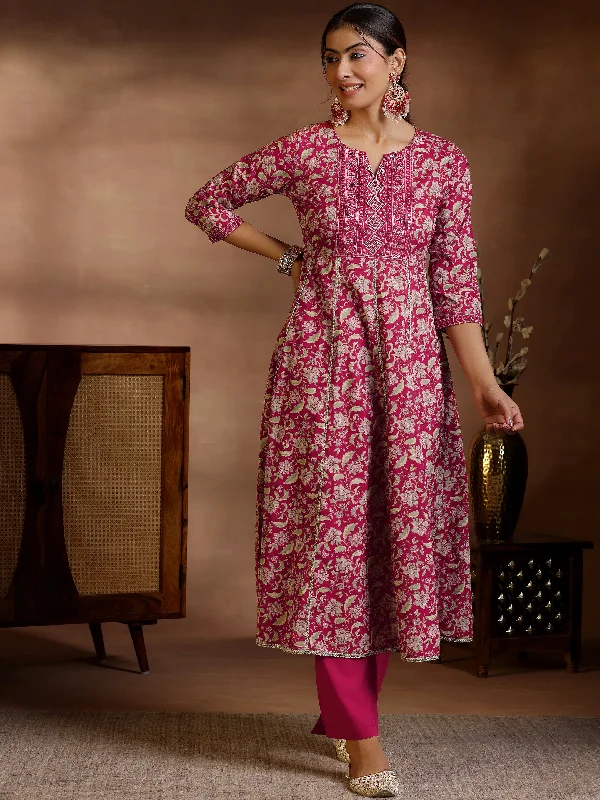 Women's Jumpsuits with Low CollarPink Printed Cotton Anarkali Kurta Set