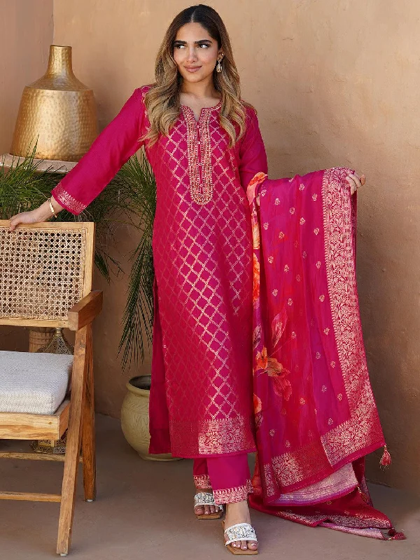 Women's Jumpsuits with Boat CollarPink Woven Design Silk Blend Straight Suit With Dupatta