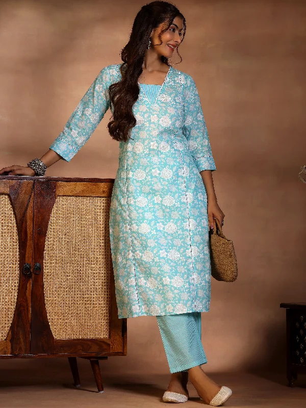 Women's Jumpsuits with Keyhole CollarBlue Printed Cotton Straight Suit With Dupatta