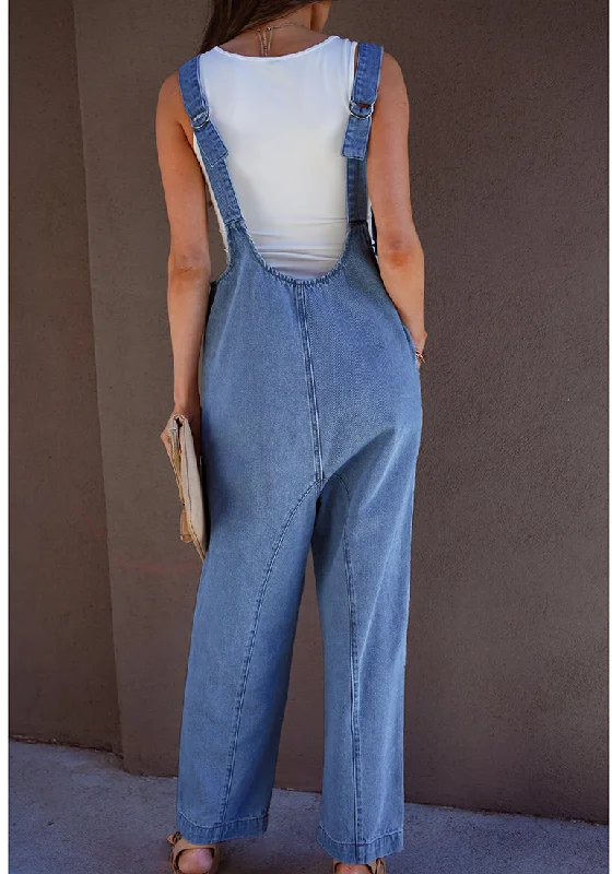 Women's Jumpsuits with High WaistMedium Blue Women's Casual Denim Low Scoop Neckline Jumpsuits With Adjustable Shoulder Pocket Cropped Overalls