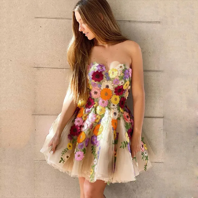 Women's Keyhole Collar DressesChampagne Strapless Flowers Tulle Mini Prom Homecoming Dress Exquisite Sweetheart A Line Evening Party Graduation Gown