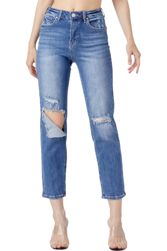 Women's Jodhpurs with Wide CollarHigh Waist Relaxed Jeans In Dark Wash Denim