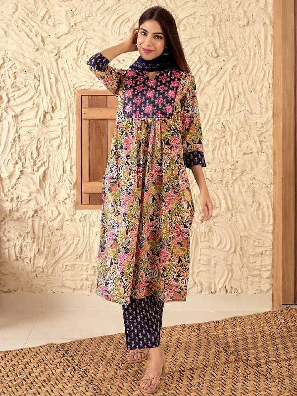 Women's Jumpsuits with Notched CollarBlue Printed Cotton Straight Suit With Dupatta