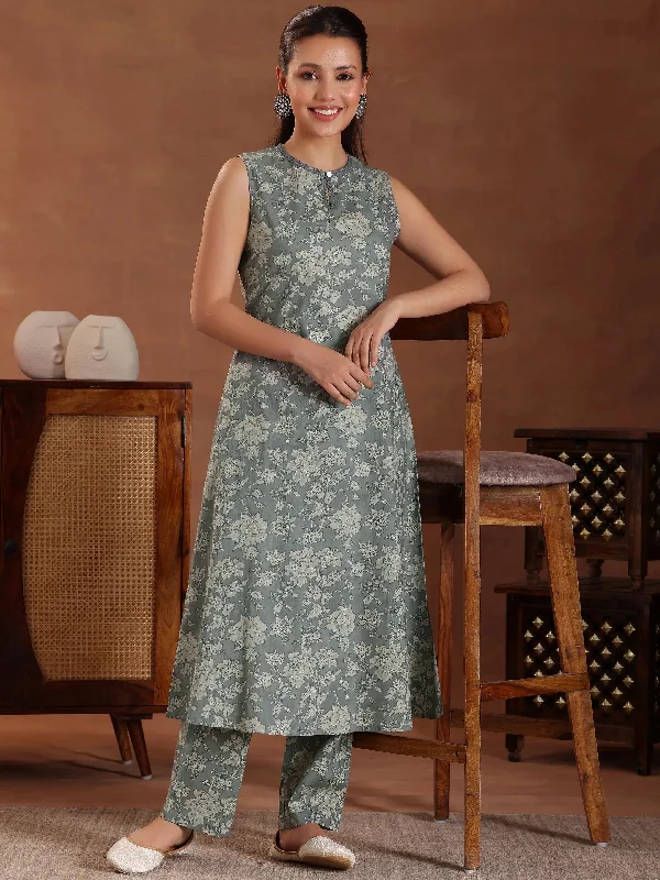 Women's Jumpsuits with V-Shaped HemGrey Printed Pure Cotton A-Line Kurta With Trousers