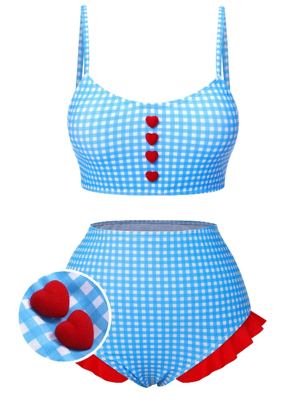 Blue 1950s Spaghetti Strap Button Plaids Swimsuit