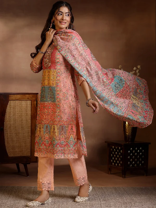 Women's Jumpsuits with Mandarin CollarPeach Printed Linen Straight Suit With Dupatta