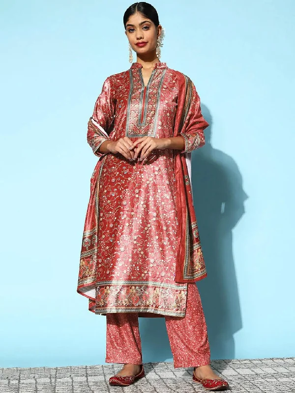 Women's Jumpsuits with Long LengthRed Printed Velvet Straight Kurta With Palazzos & Dupatta