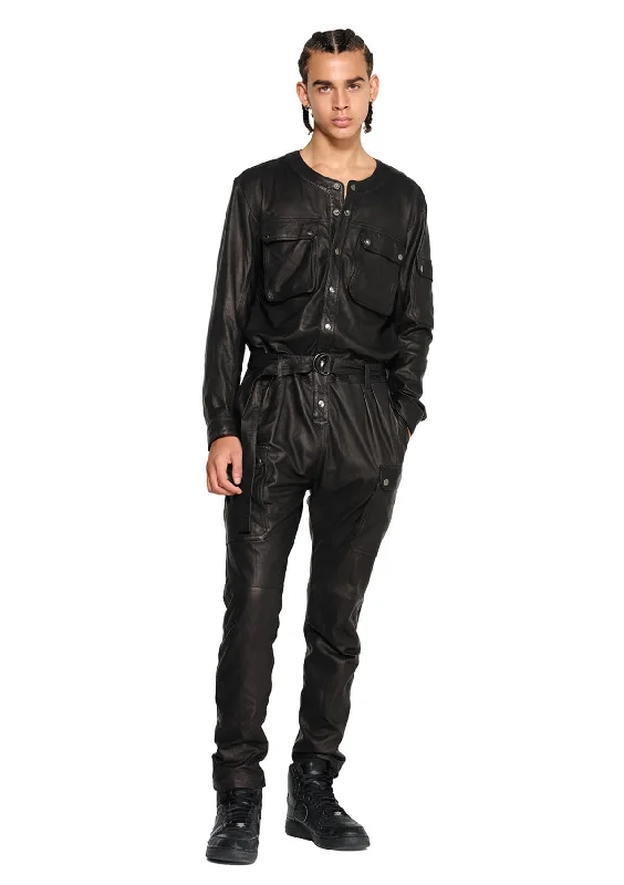 Women's Jumpsuits with Rounded HemLEATHER CARGO JUMPSUIT IN BLACK