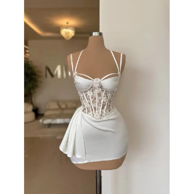 Women's U-Shaped-Neck DressesSexy White Prom Dress Women Spaghetti Above Knee Appliques Illusion Short Mini Skirt Prom Gown Special Occasion Party Vestido