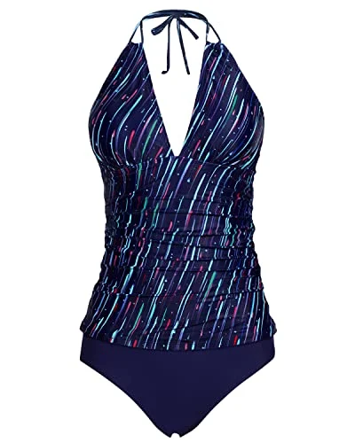 Open Back Halter Tankini Tops Bikini Bottom Two Piece-Navy Blue