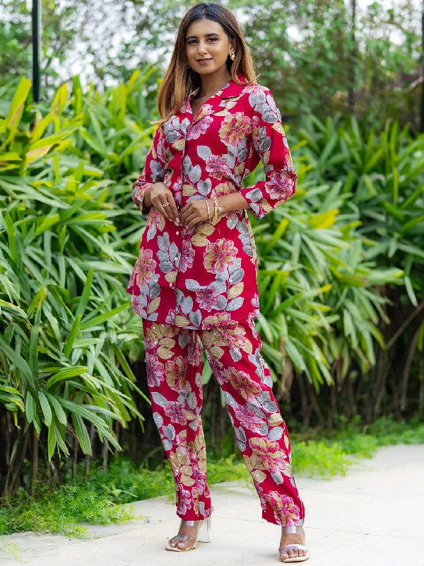 Women's Jumpsuits with Wide CollarPink Printed Silk Blend Co-Ords