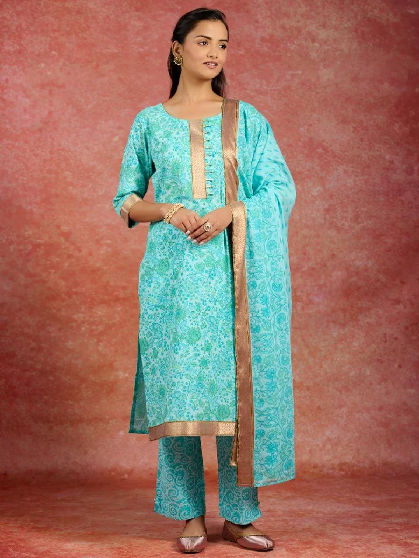 Women's Jumpsuits with Collarless DesignBlue Printed Cotton Straight Suit With Dupatta