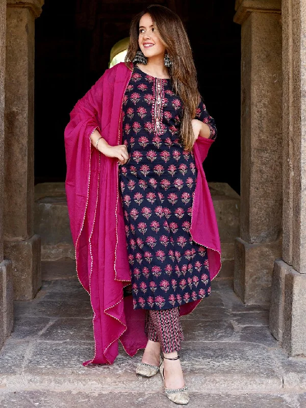 Women's Jumpsuits with High CollarBlue Printed Cotton Straight Suit With Dupatta