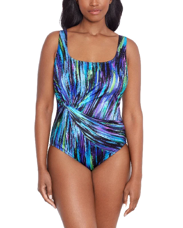 2024 Longitude Brilliant Streaks Twist Drape Tank Long Torso One Piece Swimsuit - L242968