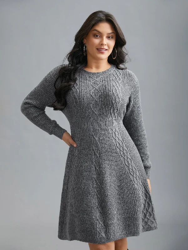 Women's High-Low DressesCable Knit Ribbed Waist Cinched Midi Sweater Dress