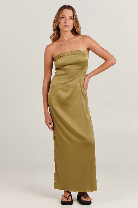 Women's Pleated DressesSinead Khaki Strapless Midi Dress